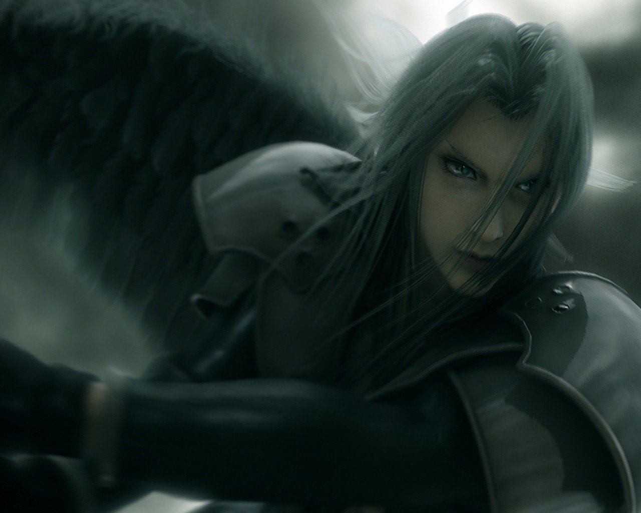 Sephiroth from Final Fantasy VII: Advent Children, depicted with long silver hair and dark armor, exuding an intense and mysterious anime-inspired aura.