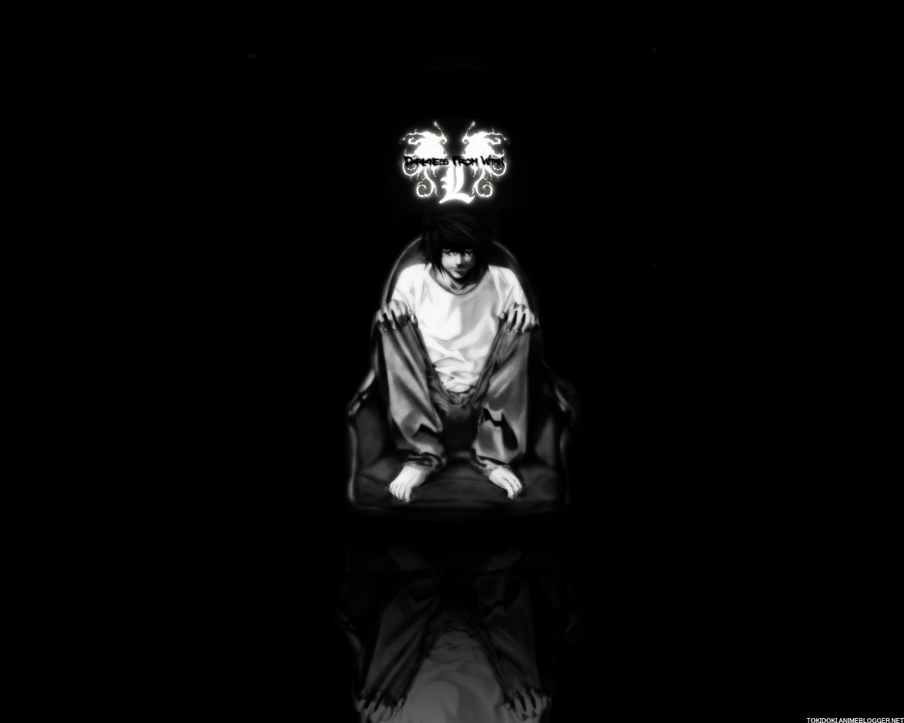 A character from the anime Death Note sits contemplatively in a dark setting, reflecting an intense and mysterious atmosphere. The image features contrasting light and shadows.