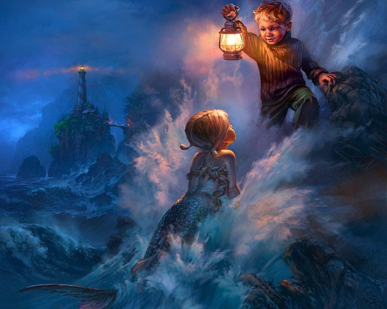 A boy holding a lantern reaches out to a mermaid amidst crashing waves, with a distant lighthouse illuminating the fantasy scene.