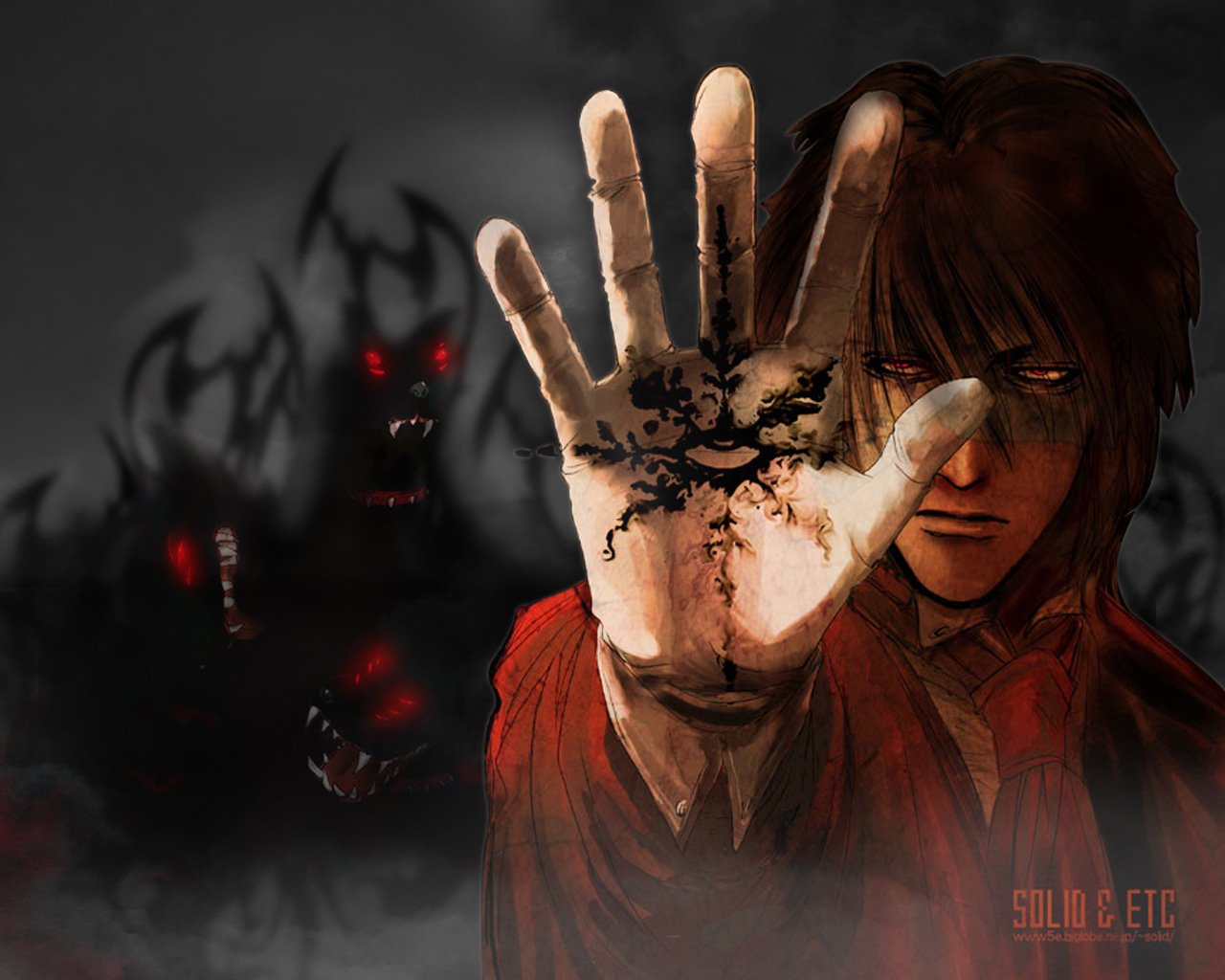 A powerful image of Alucard from Hellsing, portraying him as a vampire with an intense expression, holding up a hand marked with dark symbols, set against ominous shadows and glowing red eyes.