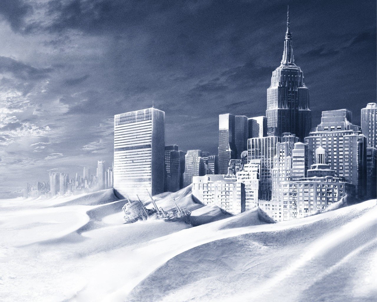 Artistic depiction of a city skyline partially buried in snow dunes under a dramatic cloudy sky.
