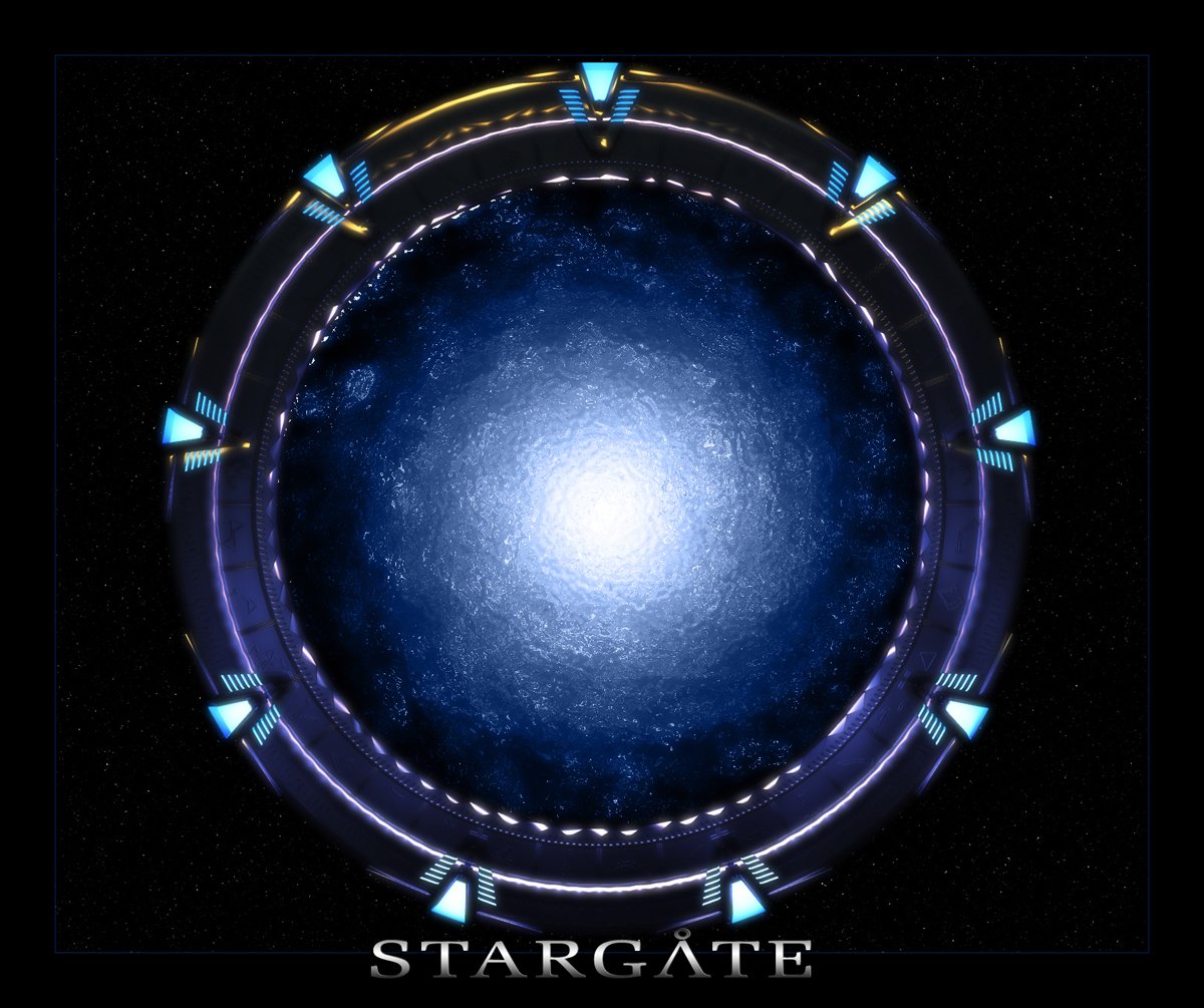 A glowing stargate portal from the TV show Stargate SG-1, featuring a circular design with blue accents, set against a dark, starry background.