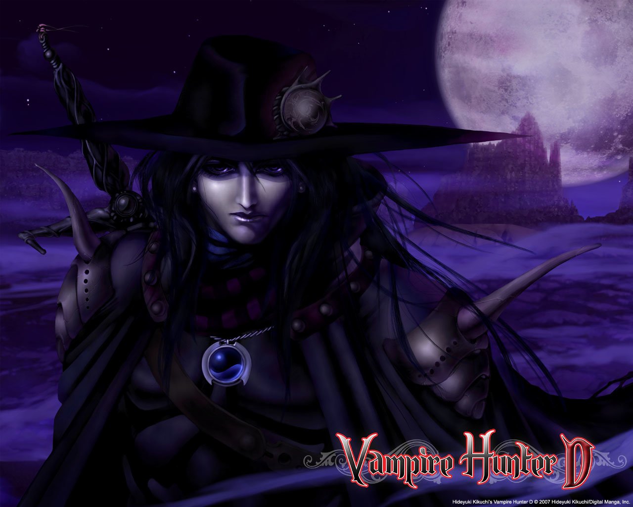 Anime-style image of Vampire Hunter D standing under a full moon in a dark, eerie landscape, wearing a wide-brimmed hat and armored clothing.