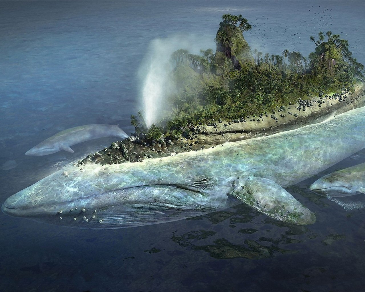 A massive fantasy whale with an island and trees on its back swims underwater, spouting water like a natural geyser.