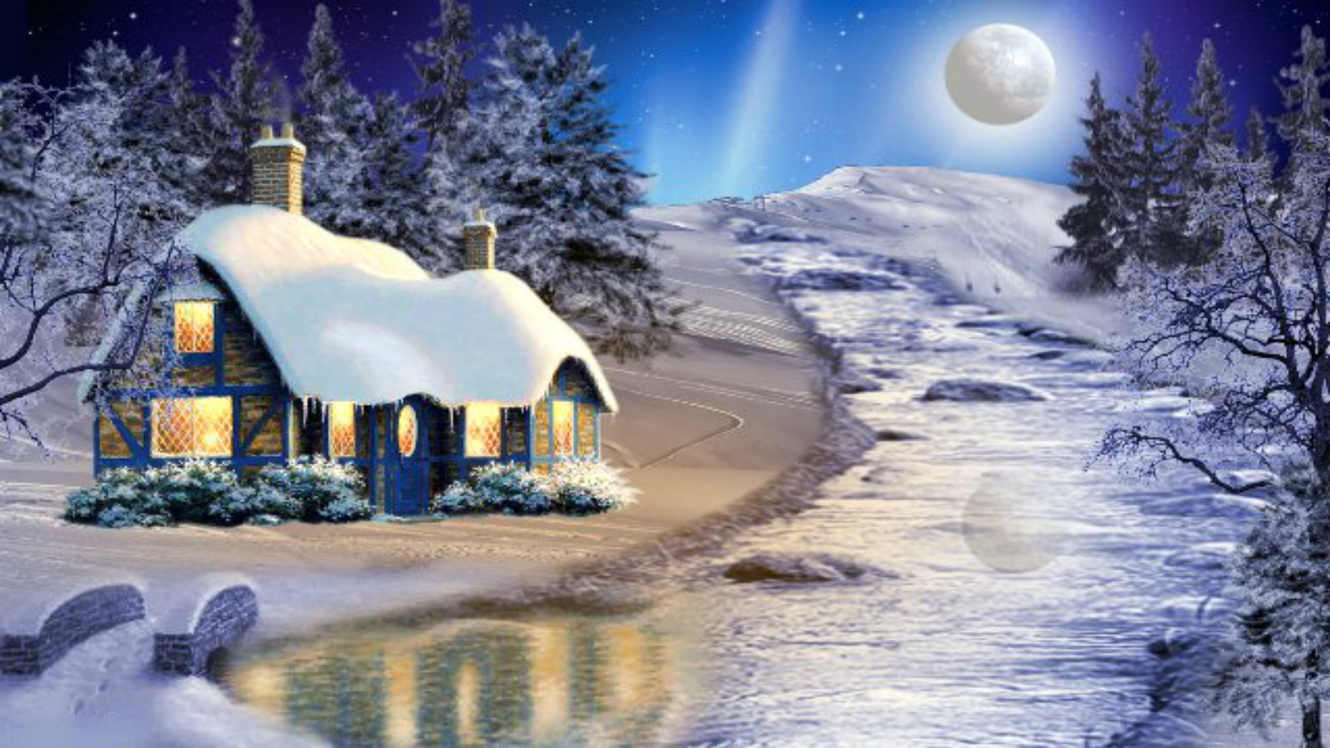 Winter House on Full Moon Night