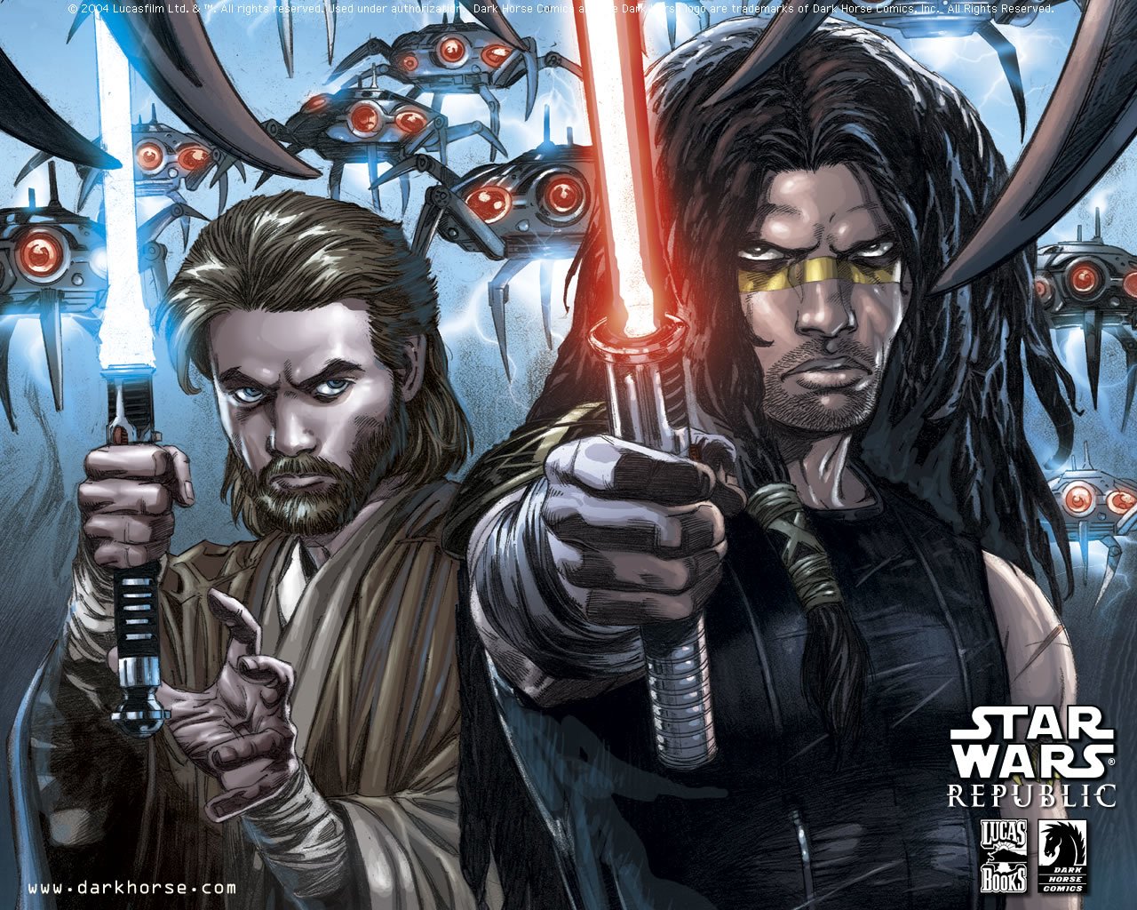 Star Wars: Republic comic cover featuring two Jedi wielding lightsabers, surrounded by hovering droid attackers in a tense battle scene.