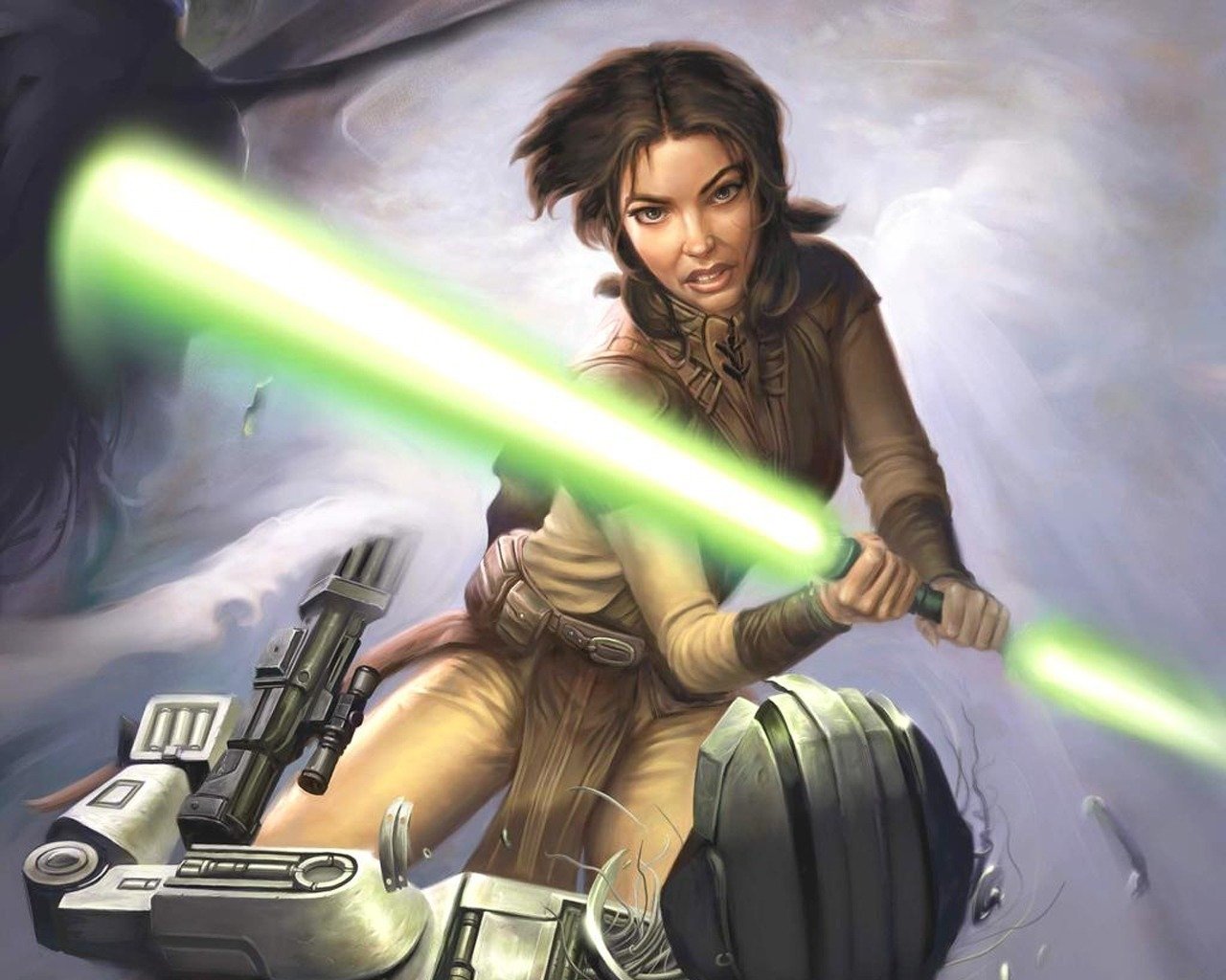 A fierce character from Star Wars: Knights Of The Old Republic wields a green lightsaber, poised for battle against a droid. The scene is dynamic and action-packed.