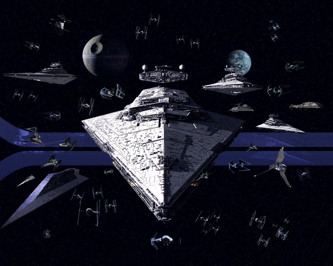 A fleet of Star Destroyers and TIE Fighters navigate a starry galaxy, featuring planets and celestial bodies, encapsulating the essence of sci-fi in the Star Wars universe.