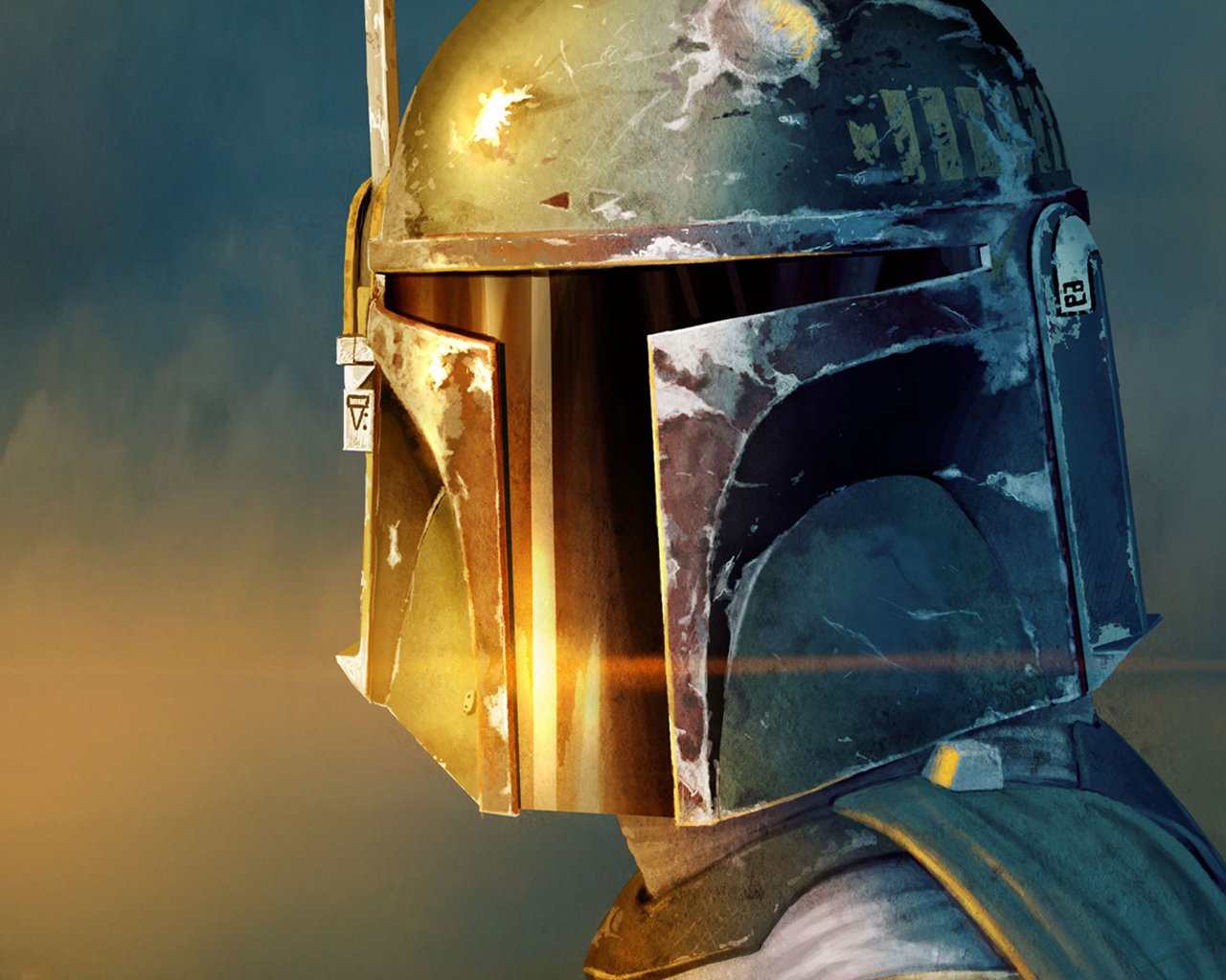A close-up of Boba Fett's iconic helmet, showcasing its weathered details and sci-fi elements, set against a dramatic background inspired by the Star Wars universe.