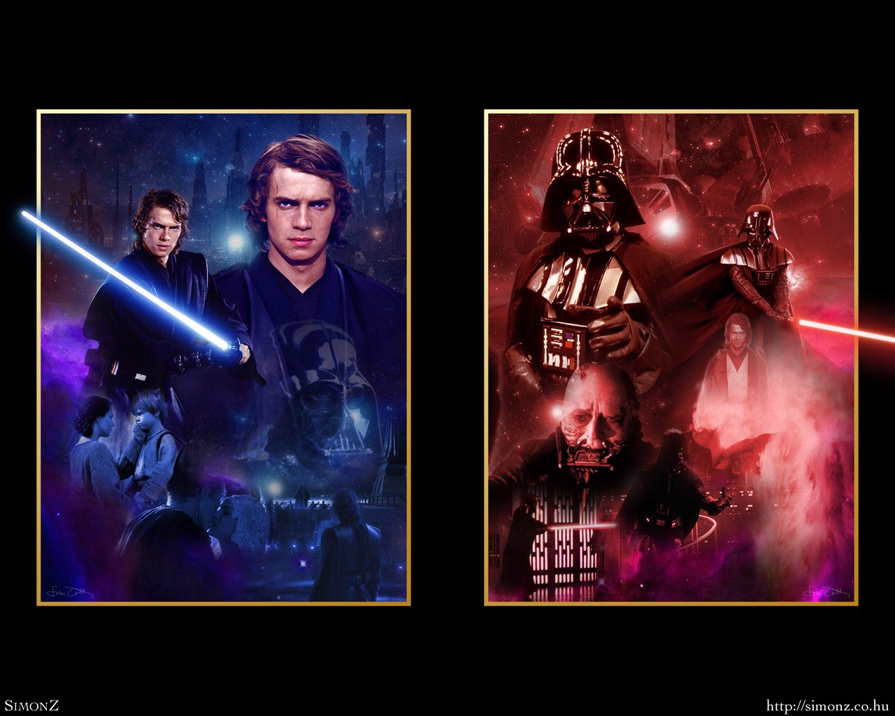 A dramatic split image featuring Hayden Christensen as Anakin Skywalker with a blue lightsaber on one side, and Darth Vader in his iconic armor on the other, set against a vibrant sci-fi backdrop.