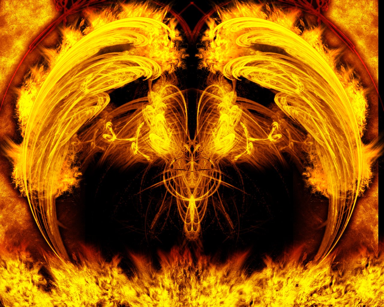 An artistic depiction of vibrant, swirling flames resembling abstract wings, set against a dark background, evoking energy and movement through fire.