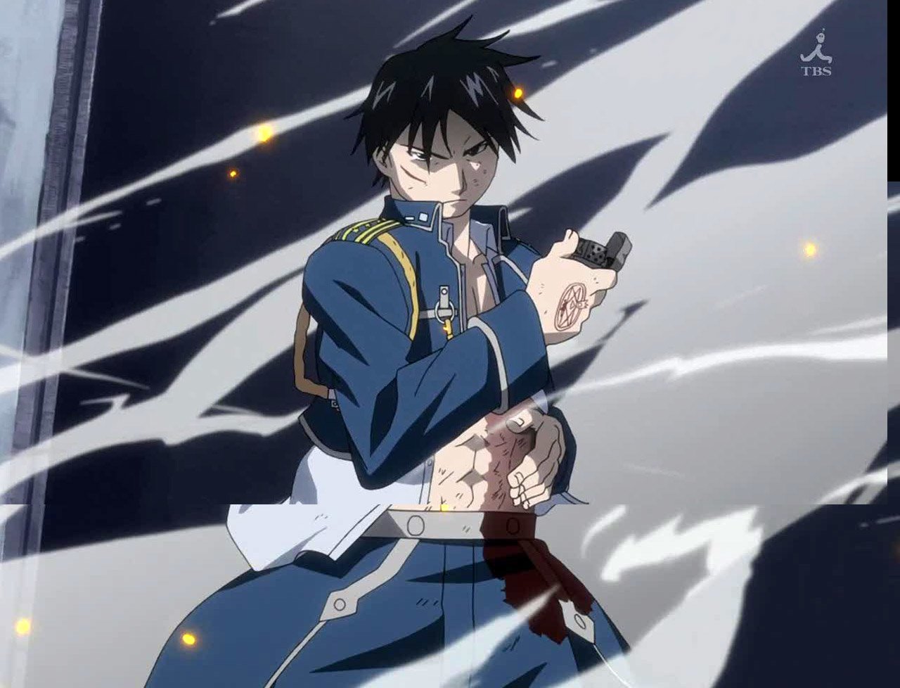 Roy Mustang (Fullmetal Alchemist anime) in a blue military uniform, snapping his fingers to ignite a flame, transmutation circle on his glove visible, intense, determined expression.