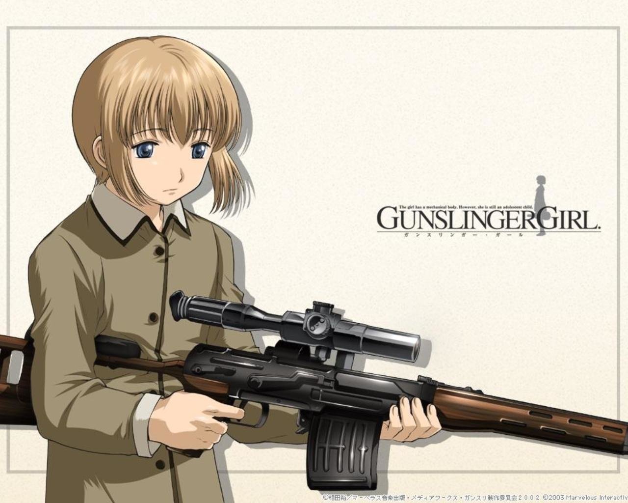 Anime illustration from Gunslinger Girl: a young blonde girl in a coat calmly holding a large scoped rifle, series logo at right.