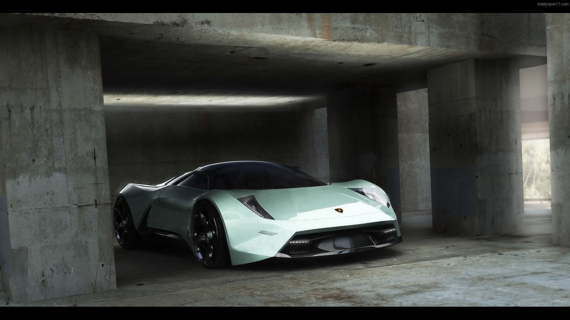 A sleek Lamborghini Insecta sits in a dimly lit garage, showcasing its sharp design and modern aesthetics, embodying luxury and high performance in the automotive world.