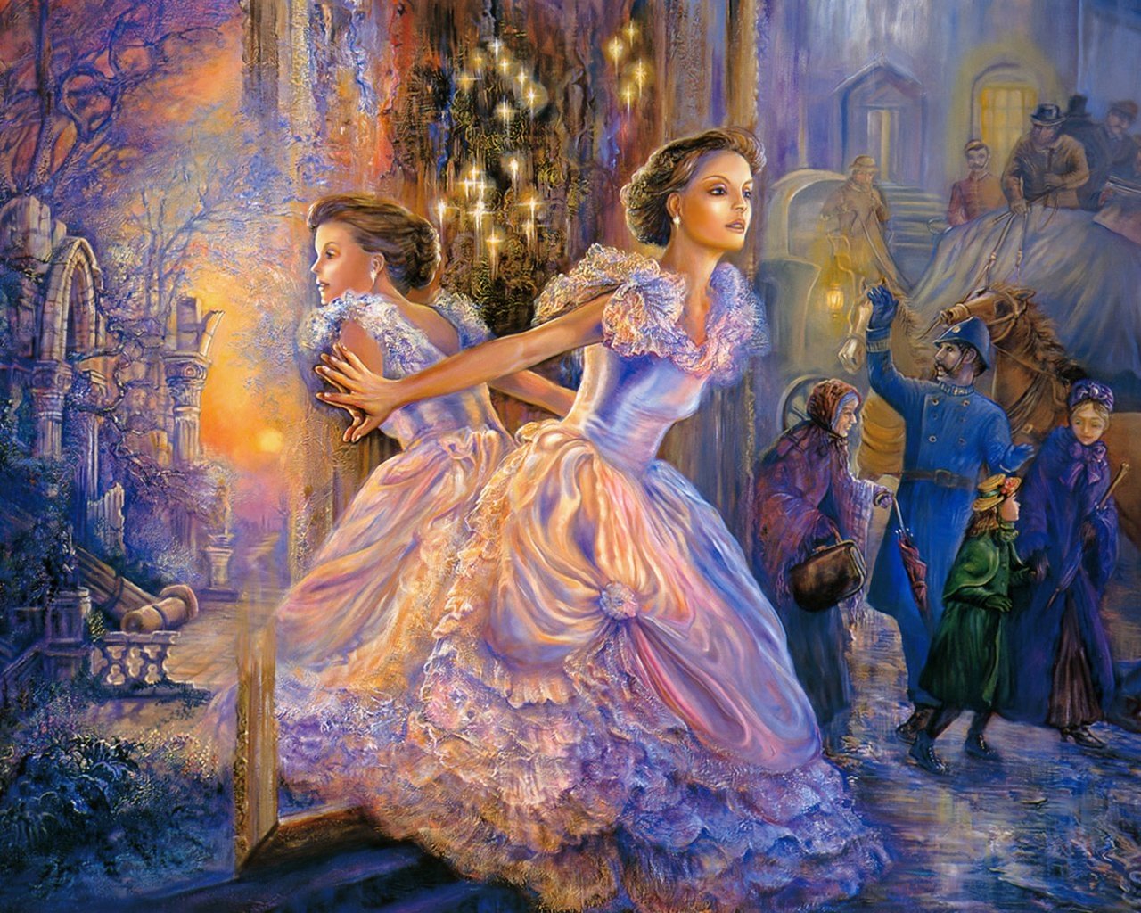 A fantasy scene featuring a woman in a beautiful gown, captured as she steps through a doorway, revealing a vibrant world filled with figures and enchanting surroundings.