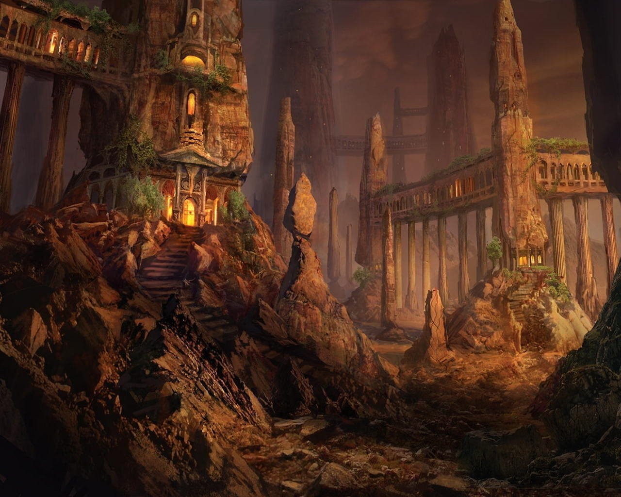 A fantastical cityscape features towering stone structures amidst rocky terrain, illuminated by soft lights, evoking a mystical and ancient atmosphere.