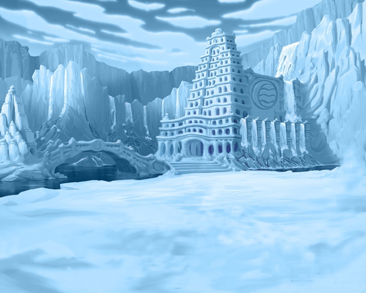 A serene, icy landscape depicting the North Pole from *Avatar: The Last Airbender*, featuring majestic ice structures and a tranquil atmosphere.