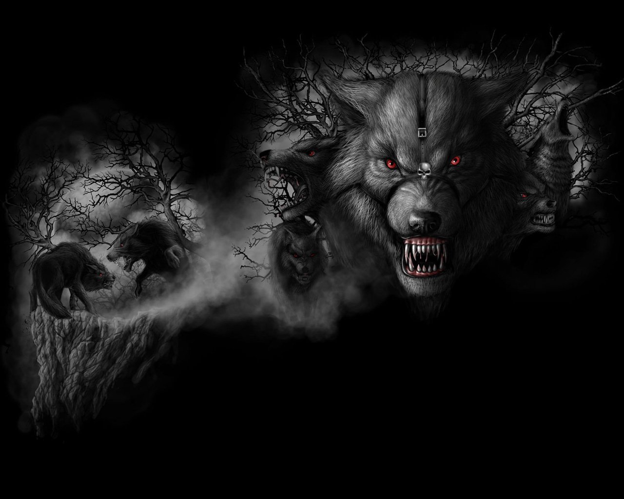 A dark, atmospheric scene featuring a fierce werewolf with glowing red eyes, surrounded by shadowy trees and mist, evoking a chilling, supernatural ambiance.