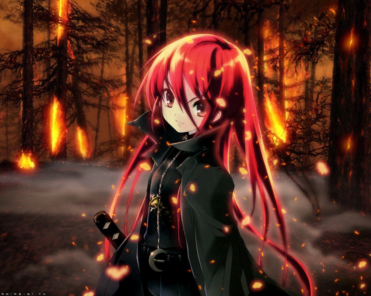 Anime-style image of a fiery forest scene featuring Shakugan No Shana with long red hair and a determined expression, surrounded by glowing embers and flames.