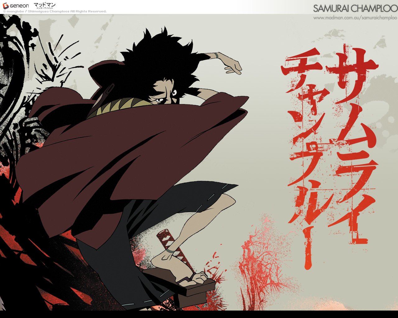 Anime-style image from Samurai Champloo featuring a dynamic samurai character in dark clothing with red Japanese calligraphy on a light background.