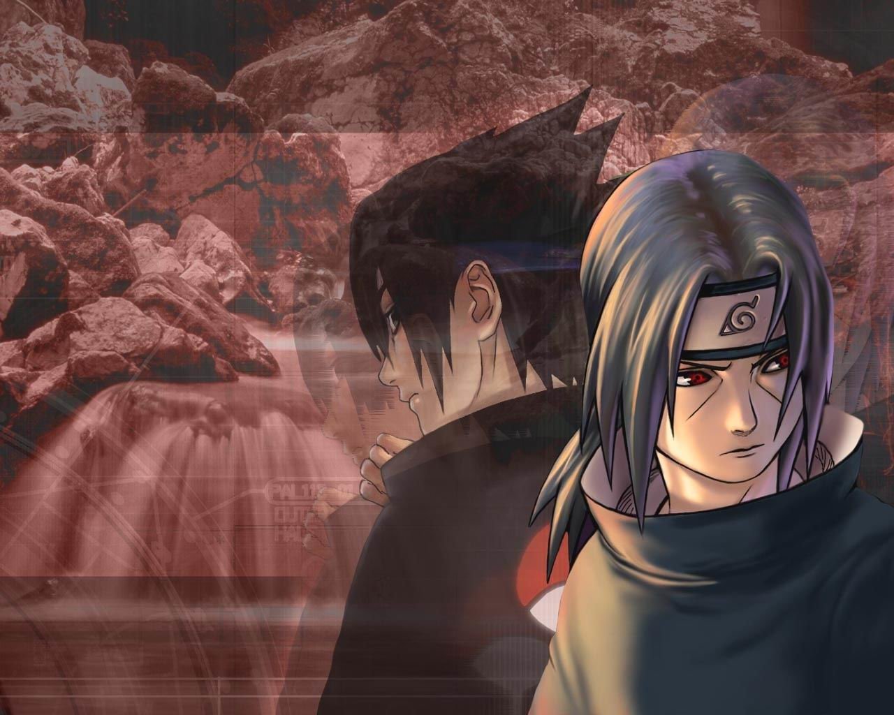 Itachi Uchiha stands determinedly in the foreground, while Sasuke Uchiha, with a contemplative expression, faces away. The scene reflects their complex relationship in the anime Naruto.