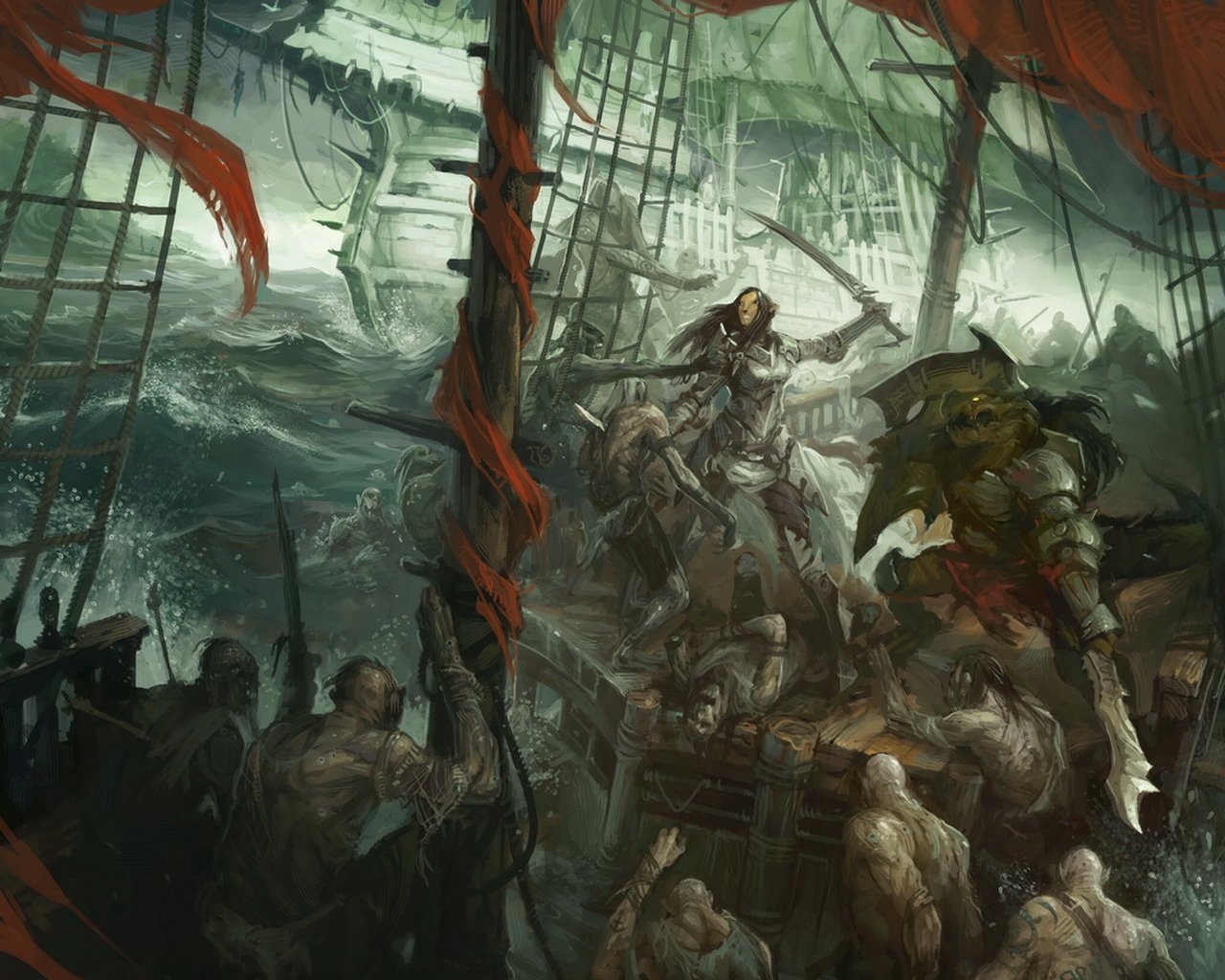 A fierce fantasy pirate battle unfolds on a stormy shipwreck, with armored warriors and monstrous foes clashing amid tattered sails and turbulent seas.