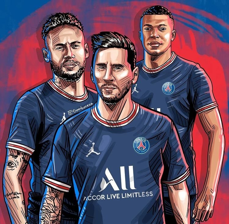 Stylized illustration of three Paris Saint‑Germain football stars in dark blue PSG kits standing together against a red and blue background.