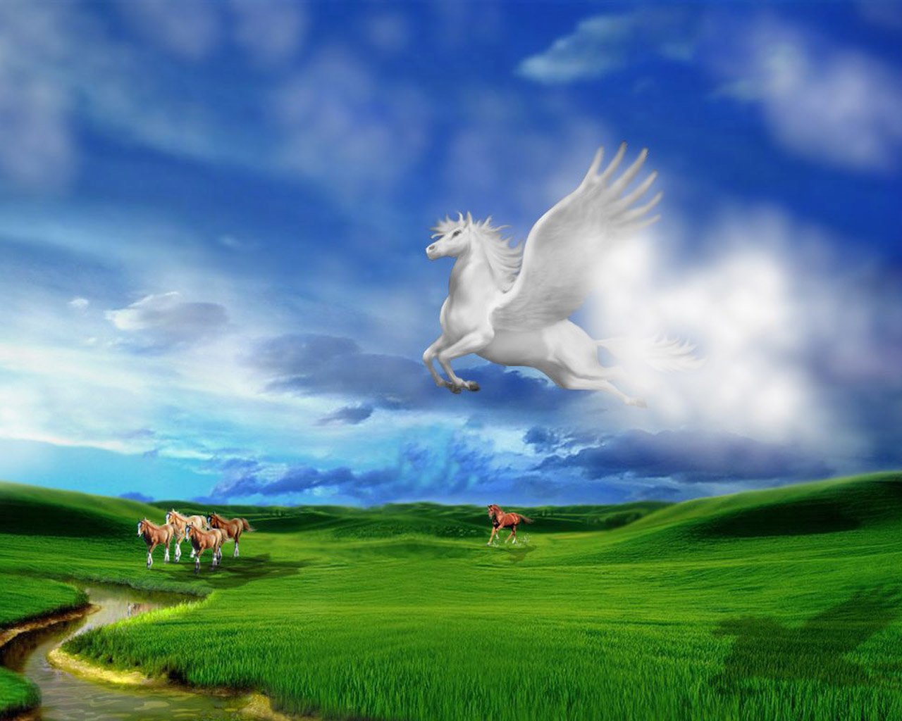 A majestic white Pegasus soars through a vibrant sky above lush green hills, while a group of horses grazes peacefully near a gentle stream.