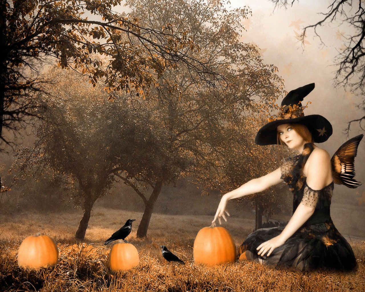 A mystical scene featuring a witch with butterfly wings, surrounded by pumpkins and crows in an enchanting autumn landscape. Fantasy elements create a captivating atmosphere.