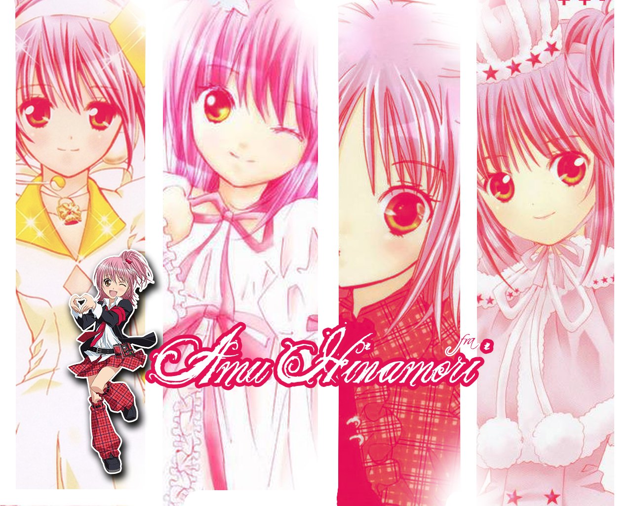 A vibrant collage featuring Amu Hinamori from the anime Shugo Chara!, showcasing her in various playful outfits with striking pink tones and expressive eyes.