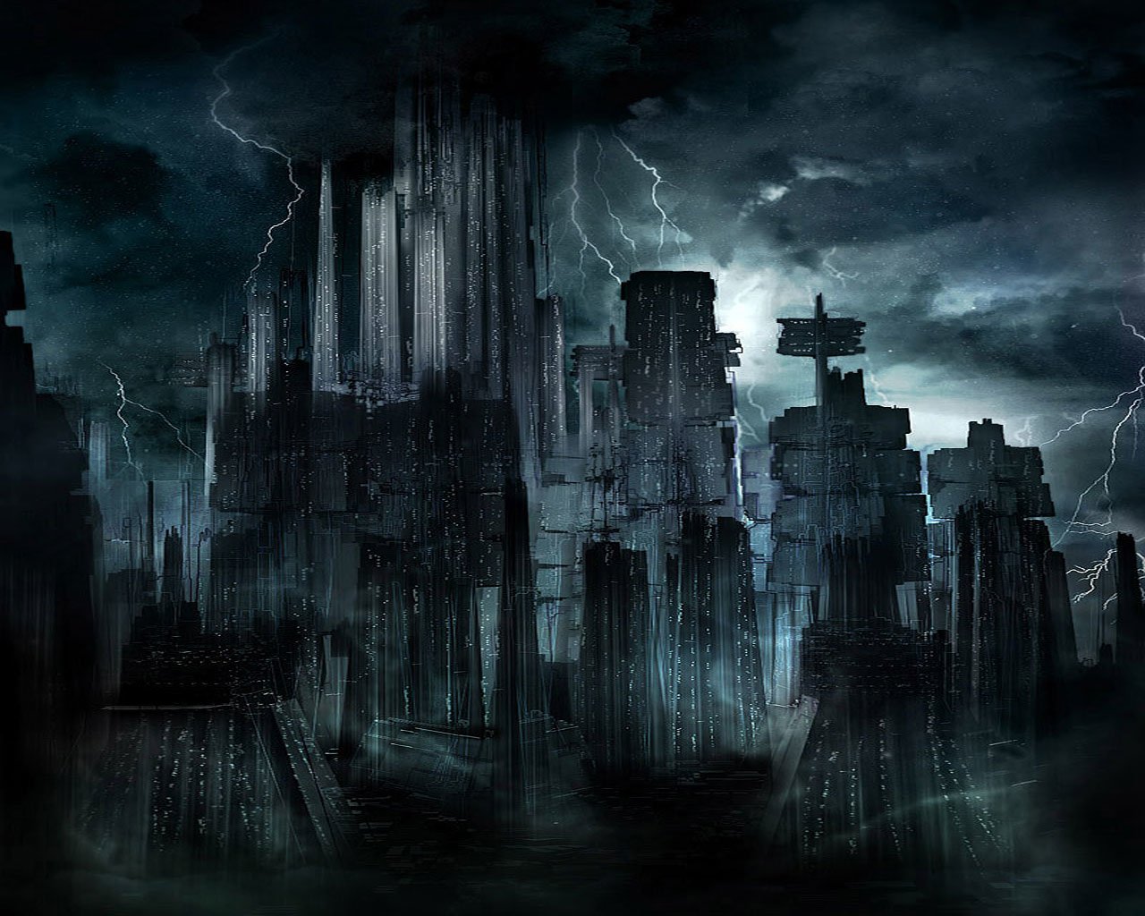 A dark cityscape looms under a stormy sky, with towering structures partially illuminated by lightning, creating an atmospheric and foreboding scene.