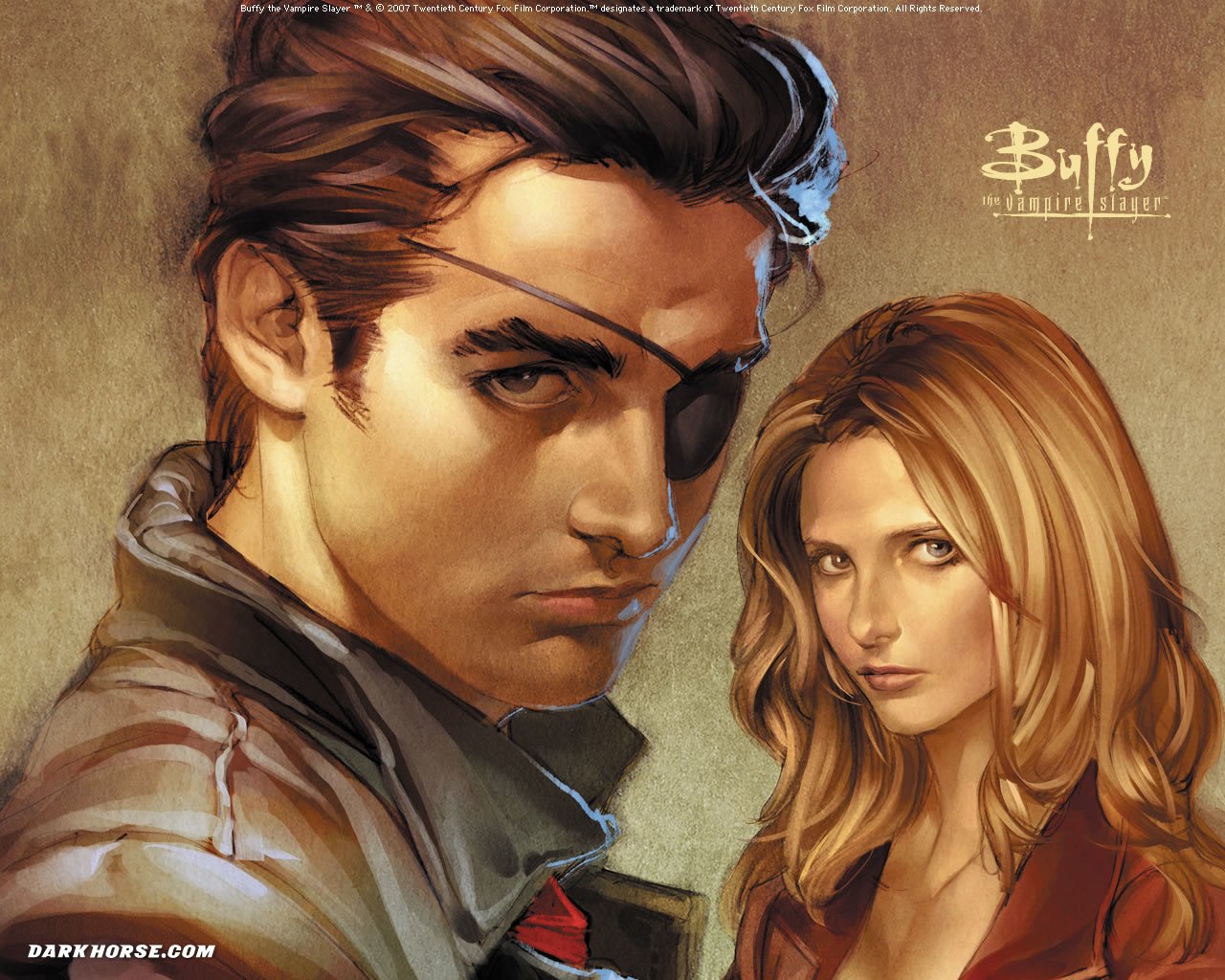 Comic-style portrait for Buffy the Vampire Slayer: Buffy Summers beside a brooding, eyepatch-wearing man, rendered in dramatic, realistic brushwork.