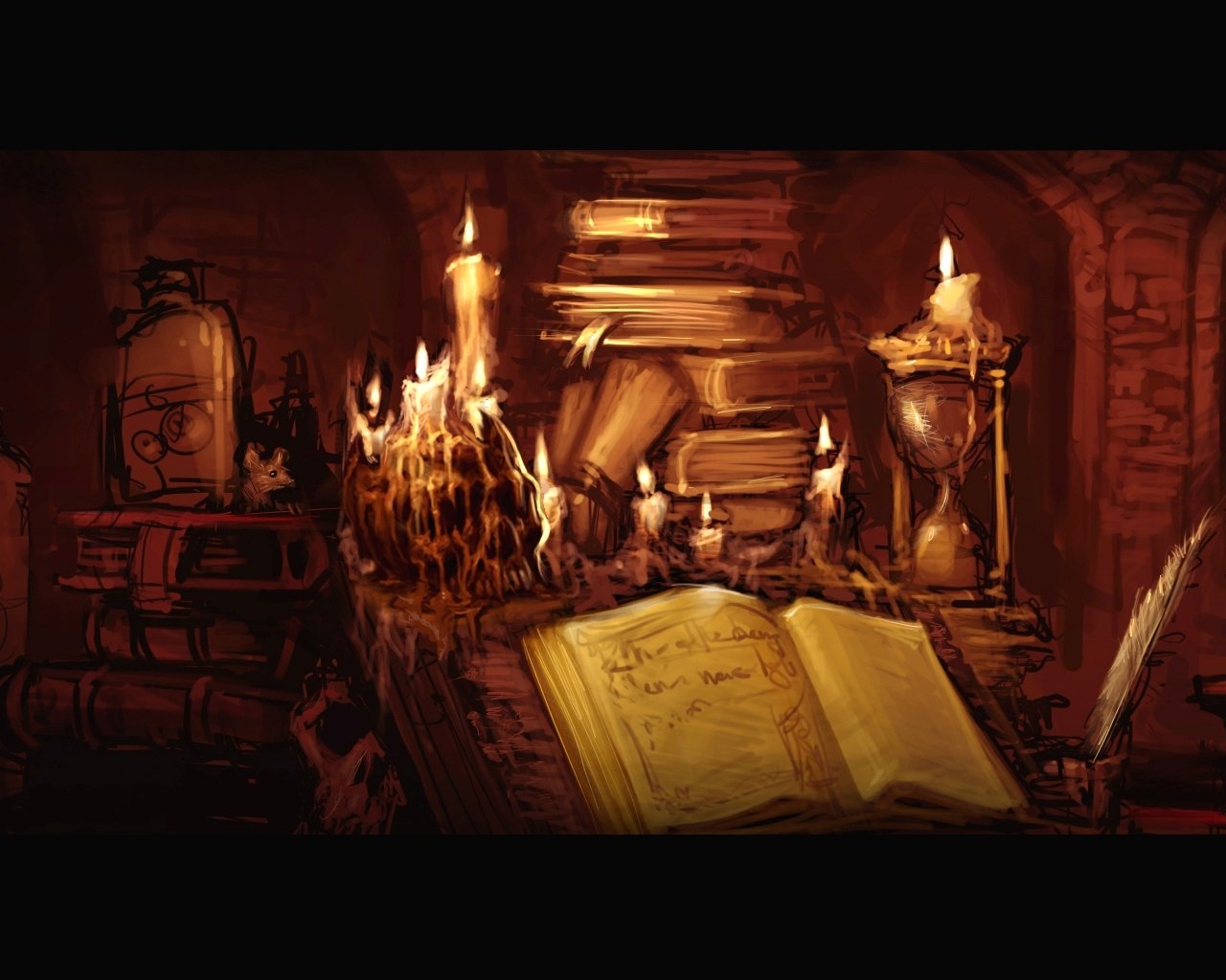 A dark, gothic scene featuring flickering candles, an open tome, and stacked books, creating a mysterious, atmospheric setting rich in shadows and intrigue.