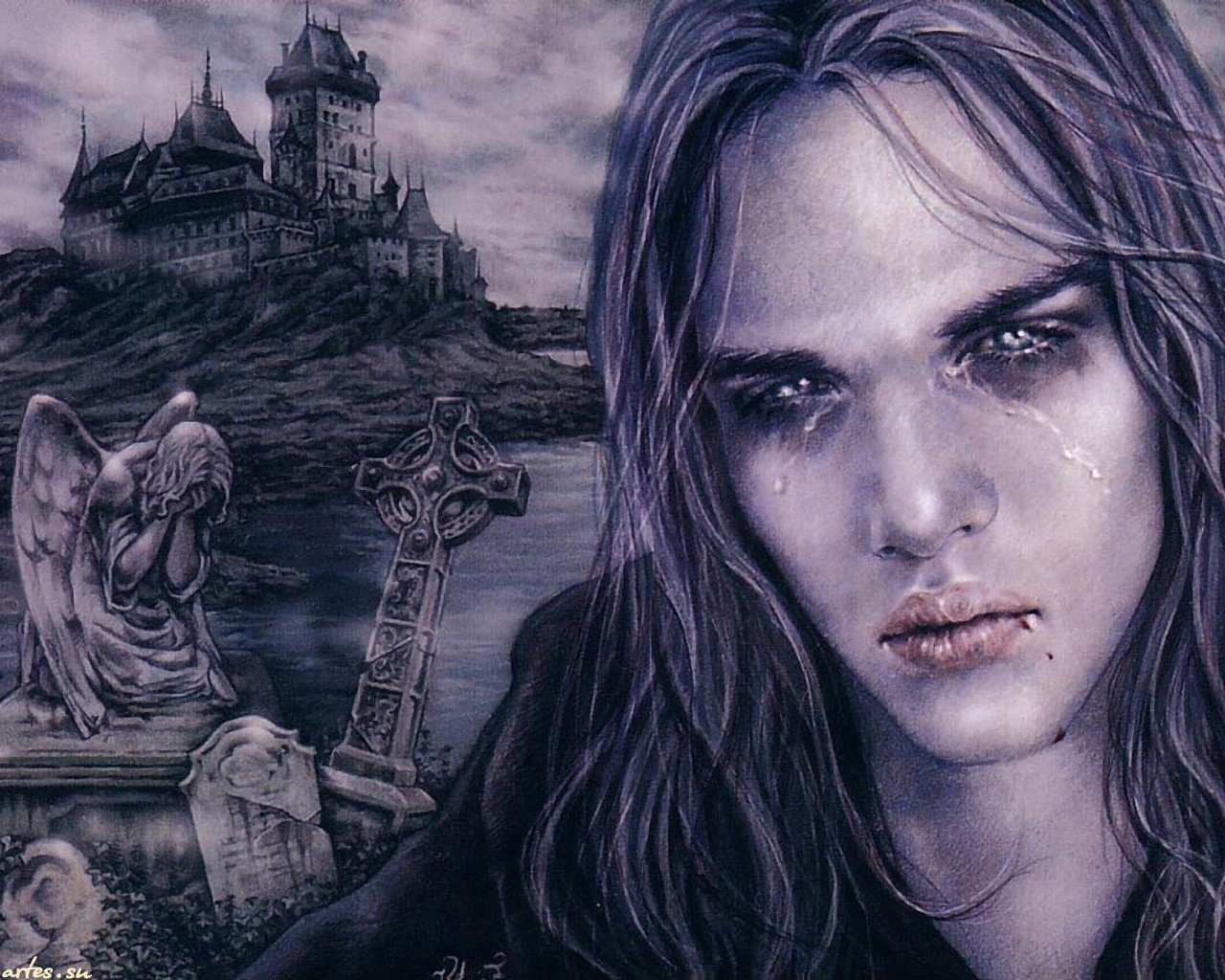 A brooding vampire with long hair gazes intensely, tears glistening on his cheeks, set against a gothic landscape featuring a castle and tombstones. The scene embodies dark fantasy.
