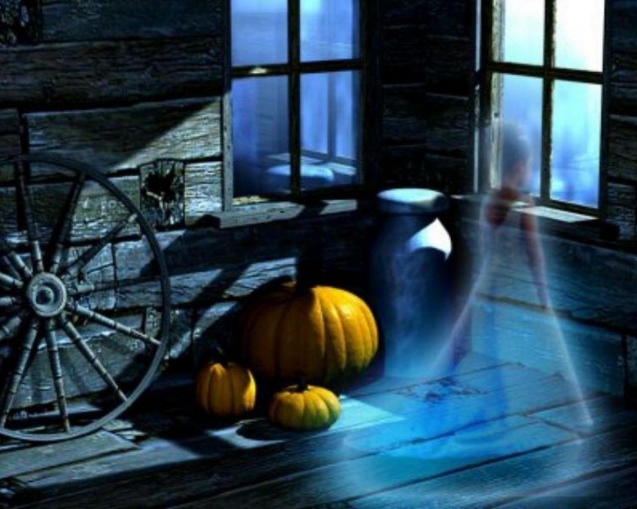 A spooky interior scene featuring a translucent ghost hovering near pumpkins, illuminated by moonlight through a window, set against dark, rustic wooden walls.