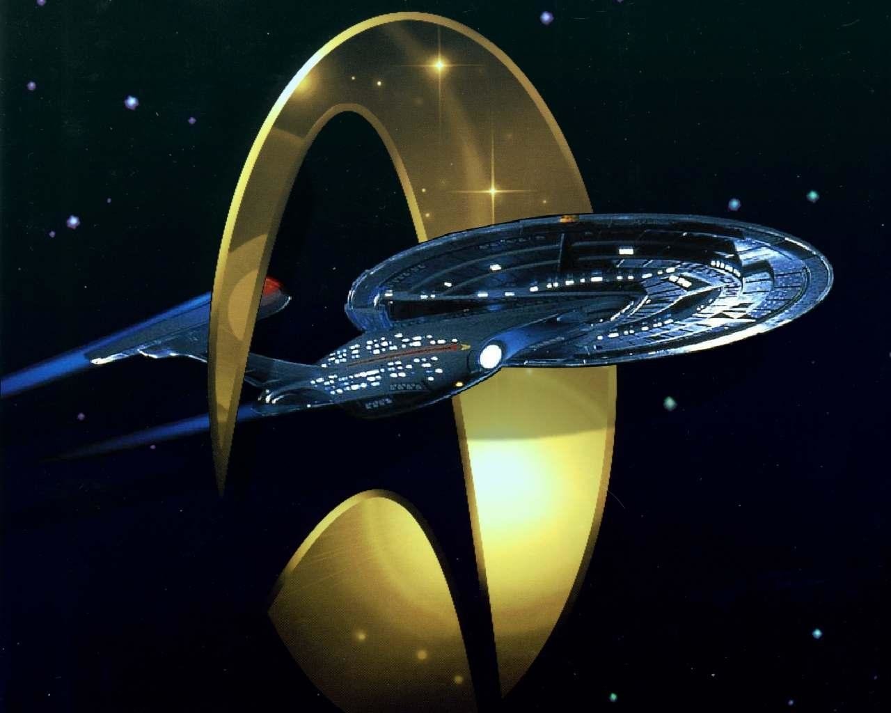 A starship sails through space, passing through a golden Starfleet insignia, embodying the adventurous spirit of sci-fi in the Star Trek universe.