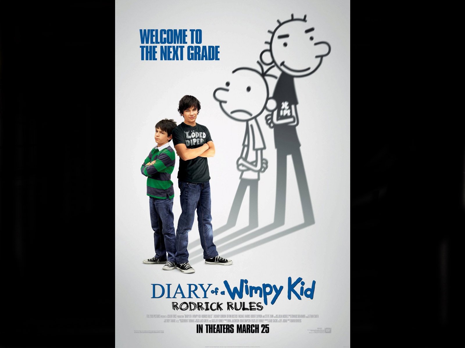 Poster for the movie Diary of a Wimpy Kid (2010): two boys stand back-to-back in front of oversized cartoon shadows of Greg Heffley, with the tagline Welcome to the Next Grade.