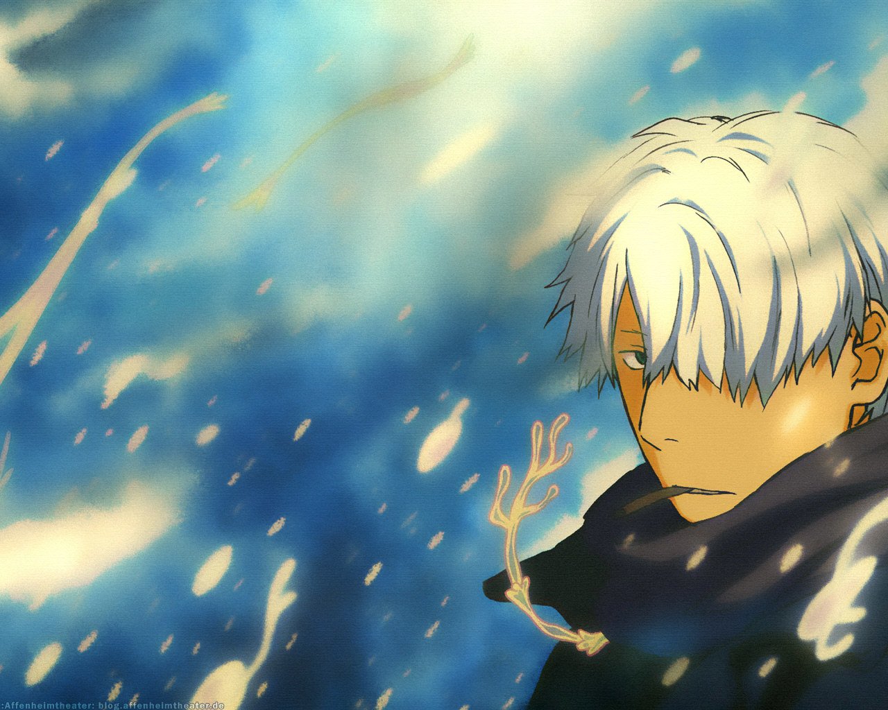 Ginko from the anime Mushishi stands against a swirling blue background with glowing wisps and ethereal light, capturing the show's mystical atmosphere.