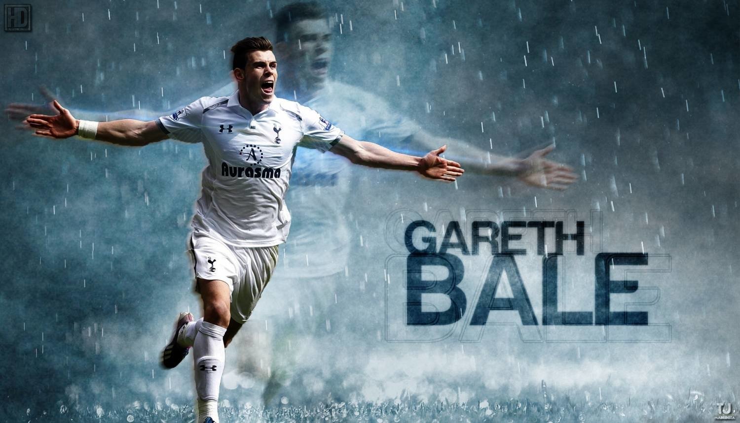 Gareth Bale celebrates a goal for Tottenham Hotspur F.C. in a dynamic, rain-soaked scene, showcasing his iconic sportsmanship and skill on the field.