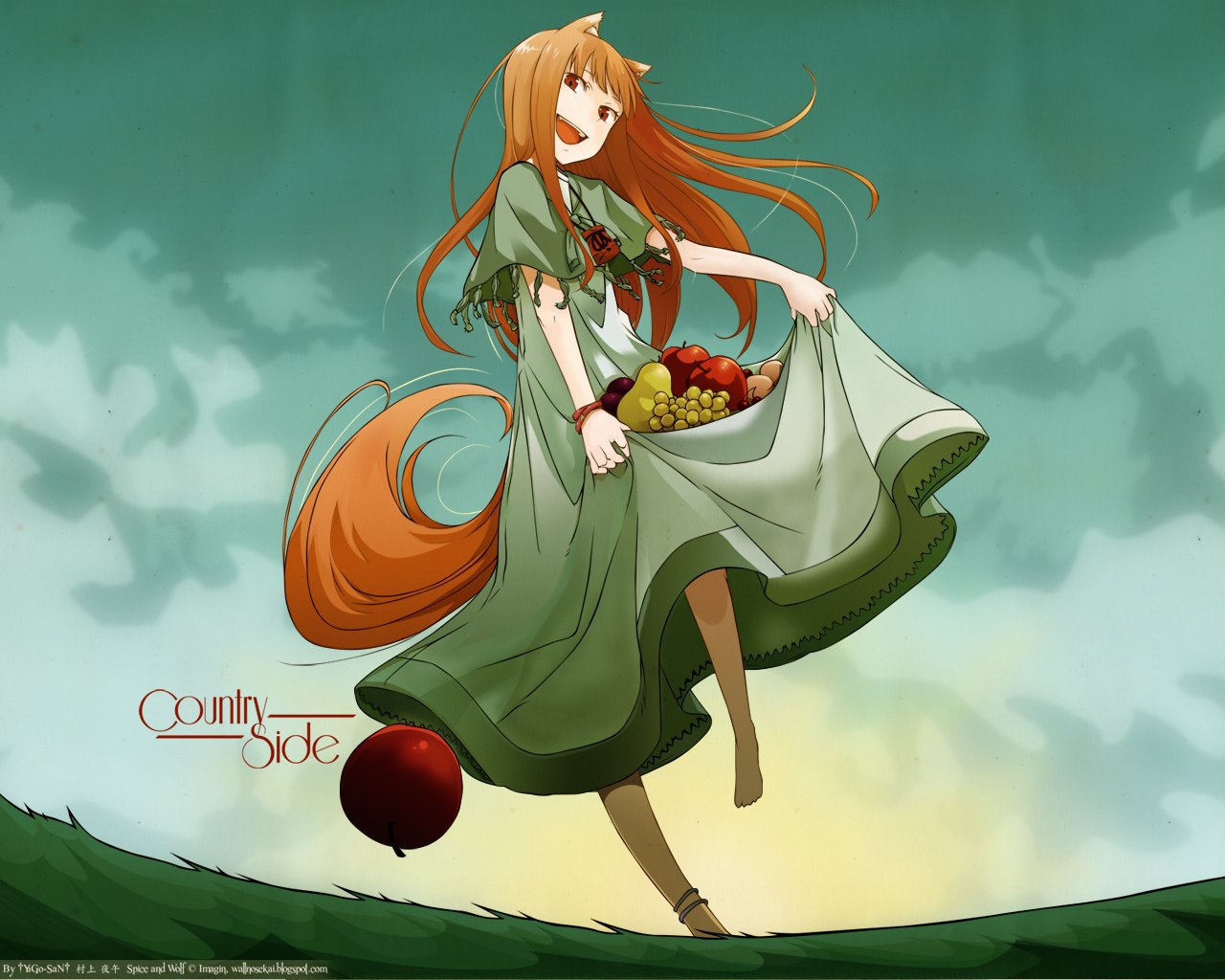 A joyful female character with fox-like features dances in a green dress, holding a basket of fruit against a colorful background, inspired by the anime Spice and Wolf.