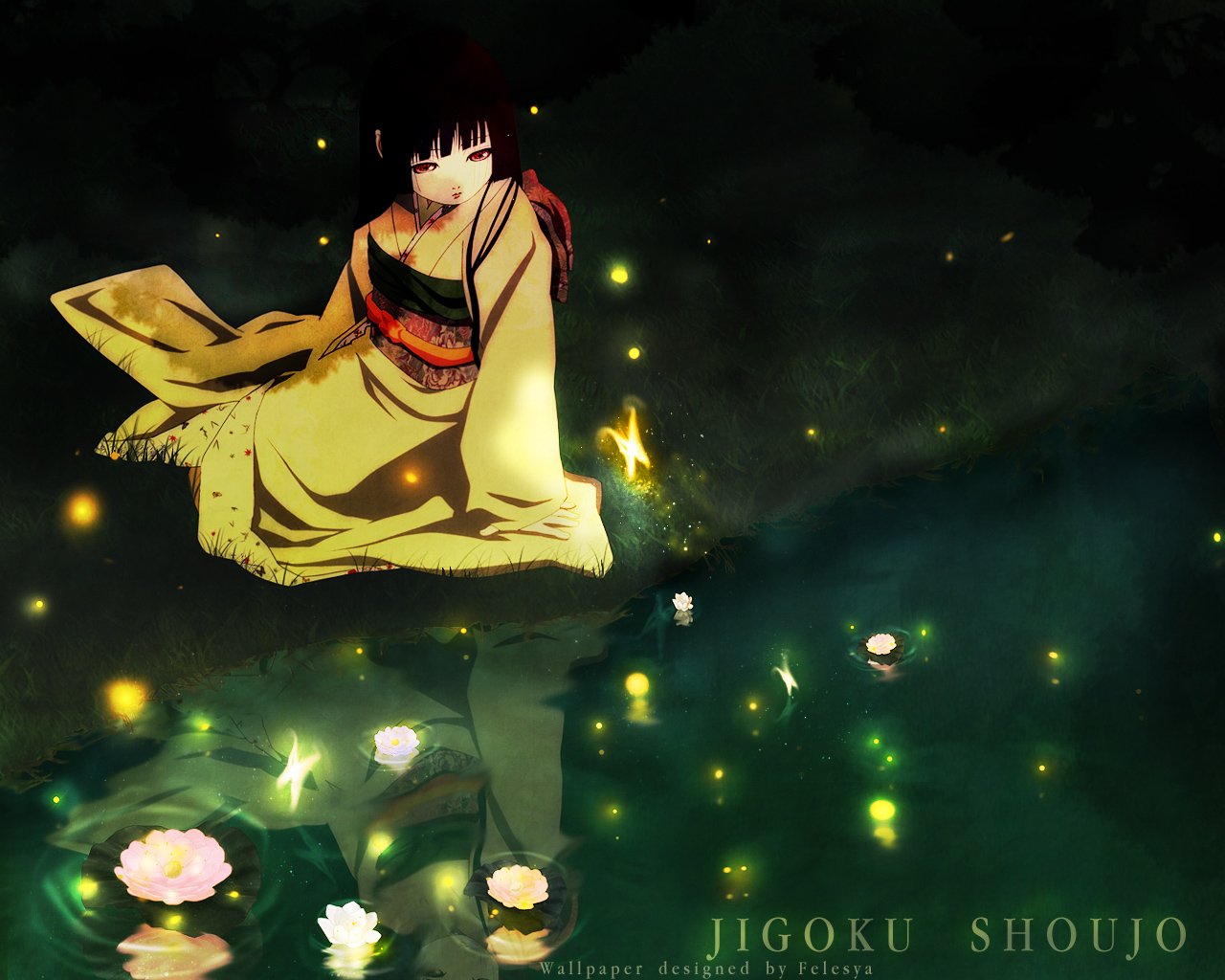 Anime scene from Jigoku Shōjo featuring a girl in a traditional kimono sitting by a glowing pond with floating flowers and fireflies in a dark, mystical setting.