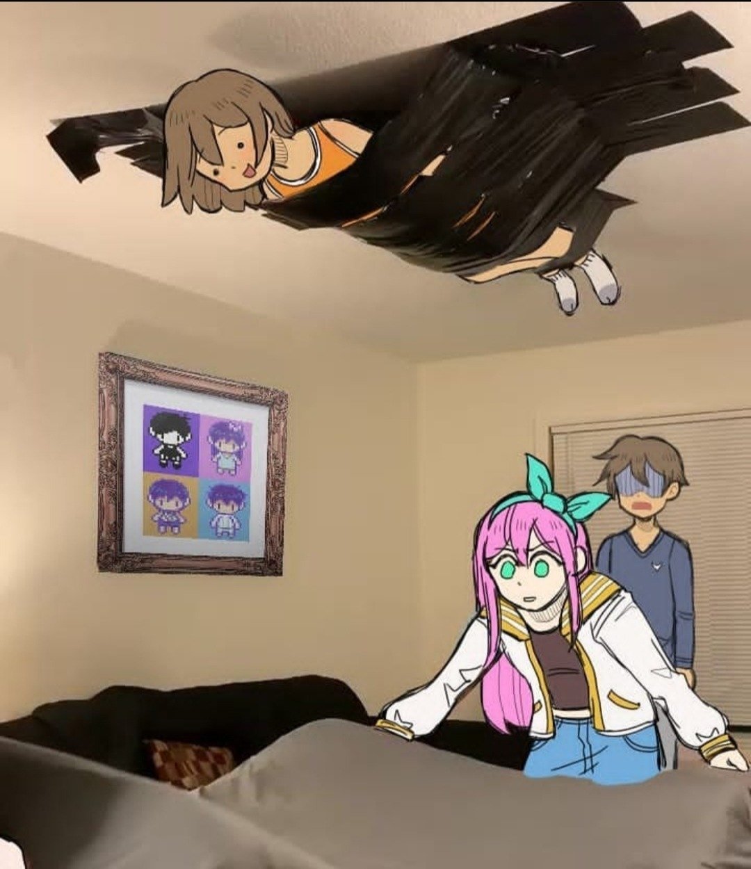 Aubrey (Omori) leans over a bed while Hero (Omori) watches as Kel (Omori) floats through a ripped ceiling — OMORI video game fan art.