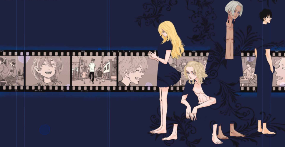 Anime Tokyo Revengers artwork: three blonde girls in dark dresses posed against a deep-blue patterned background with a horizontal filmstrip of sepia manga panels.
