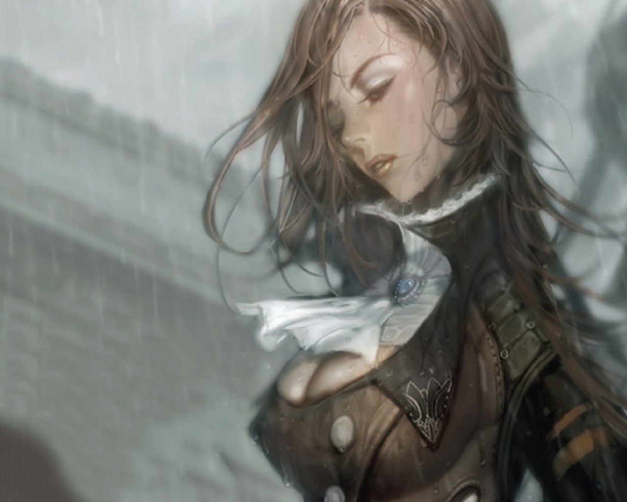 A steampunk-inspired woman stands in the rain, exuding an air of mystery with her elegant attire and confident pose, embodying the fusion of science fiction and Victorian aesthetics.
