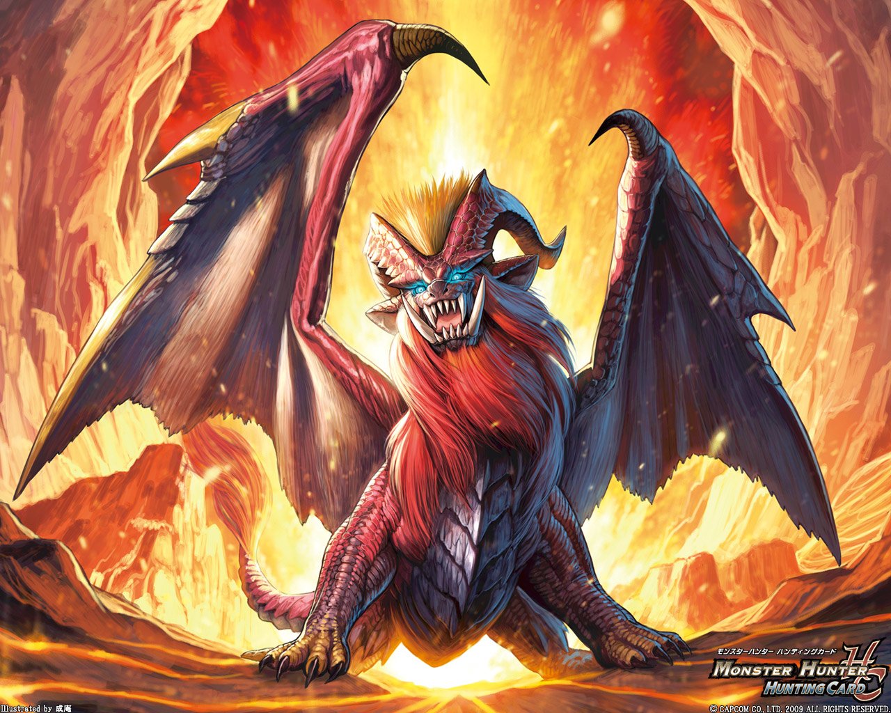 Teostra, the fiery Elder Dragon from the Monster Hunter video game series, stands roaring with wings spread wide amid a blazing volcanic landscape.
