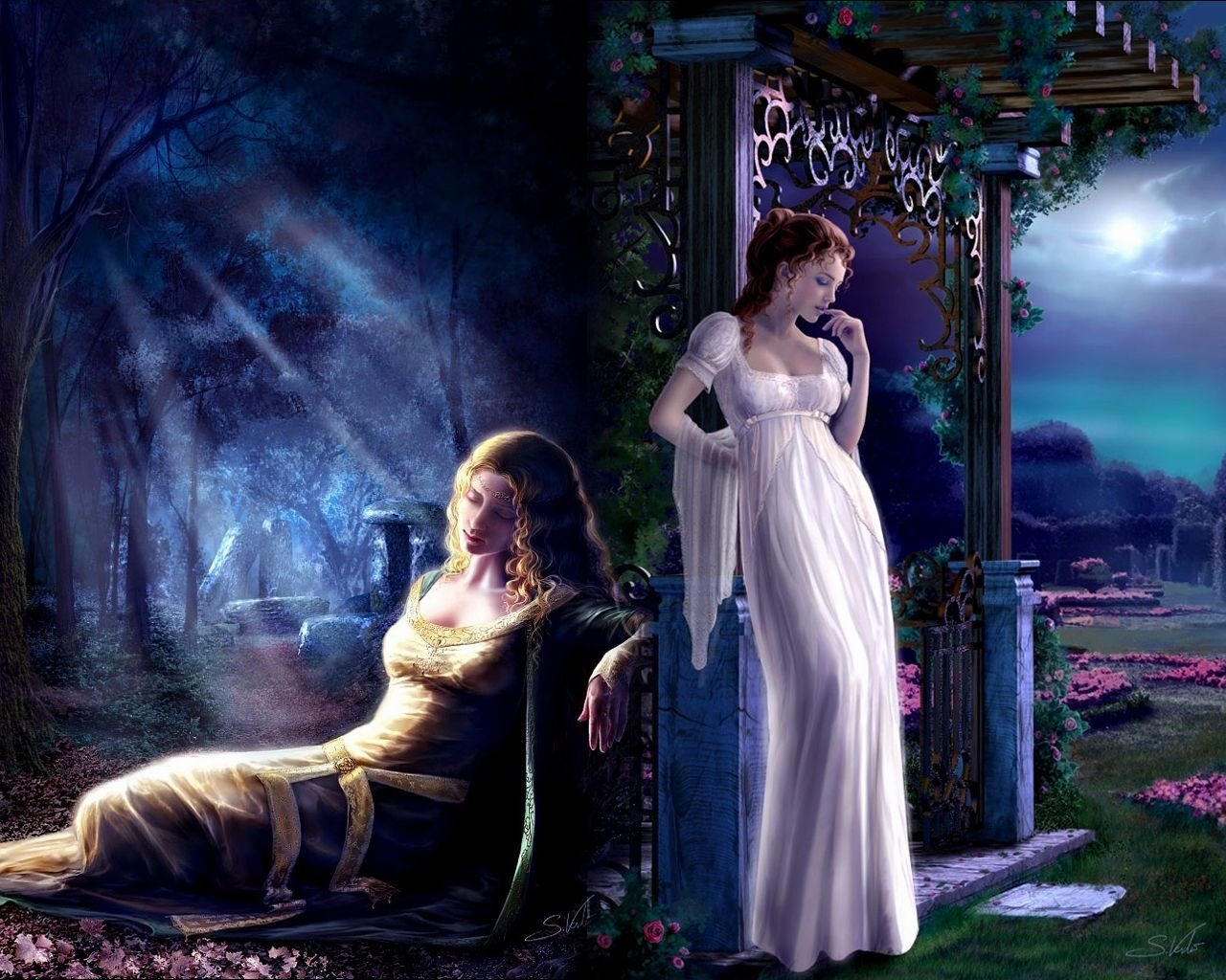A fantasy scene featuring two women in flowing gowns, one resting against a tree in moonlight, the other standing near a vine-covered pergola under a twilight sky.