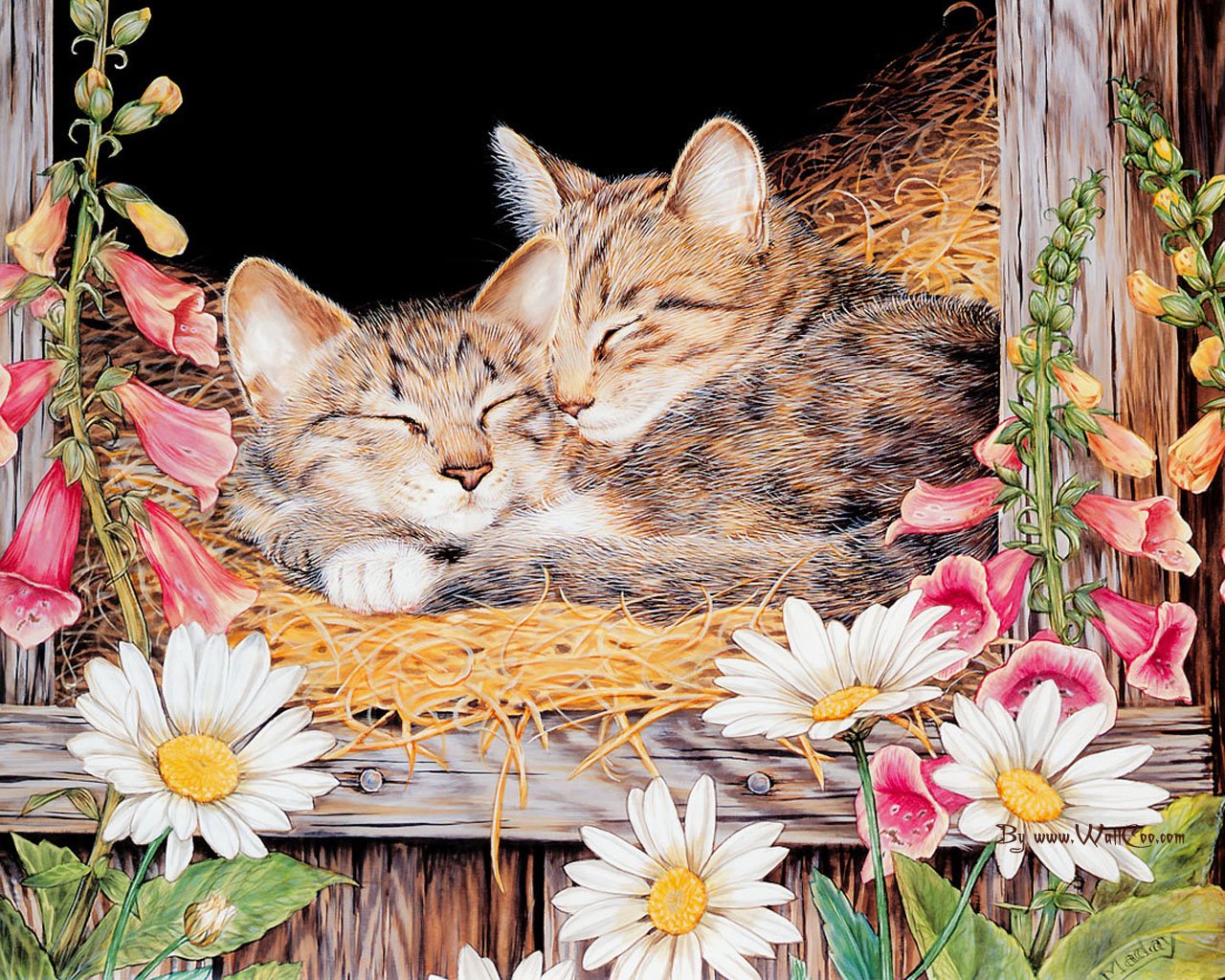 Two cute cats sleep peacefully nestled together in a cozy hay-filled nook, surrounded by colorful flowers and greenery, capturing a warm and tender animal moment.