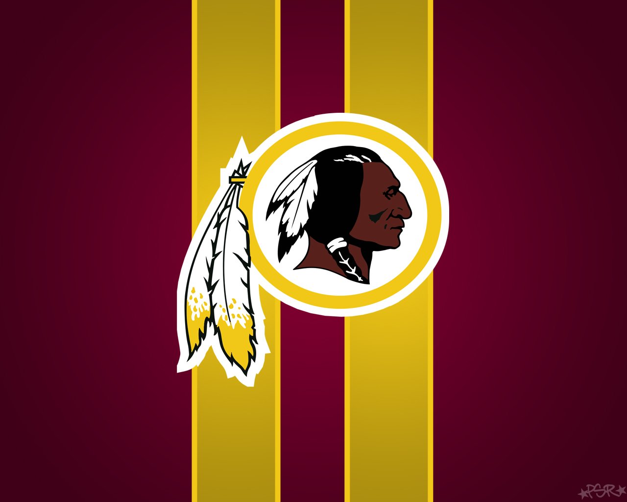 Washington Redskins logo featuring a Native American profile with feathers, set against vertical maroon and gold stripes in a sports-themed design.