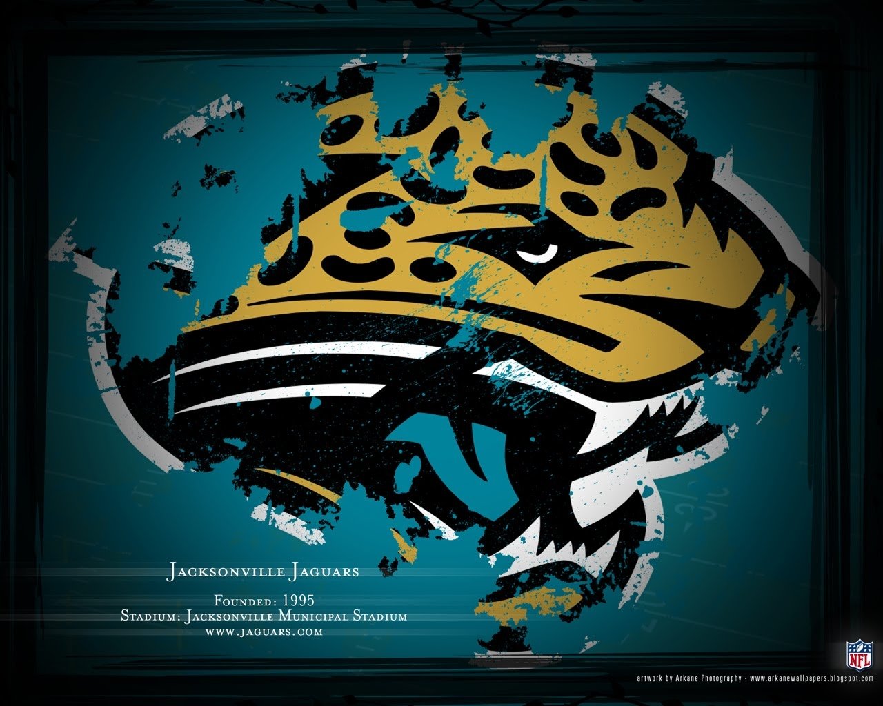 Distressed Jacksonville Jaguars logo: gold jaguar head with black and teal accents, chipped paint and scratches on a teal background, small team name and founding year text beneath.