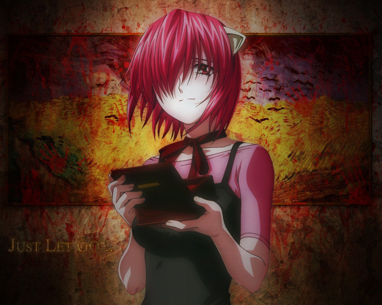 A character from the anime Elfen Lied, Lucy, stands holding a small object, her red hair framing a thoughtful expression against a dark, textured background.